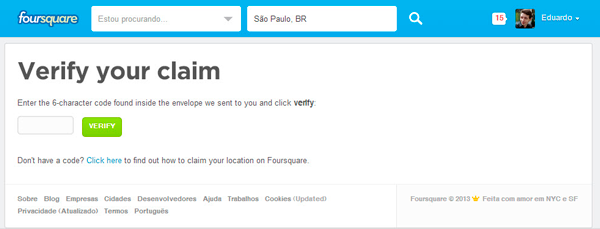 Ultima etapa de verificação do Foursquare